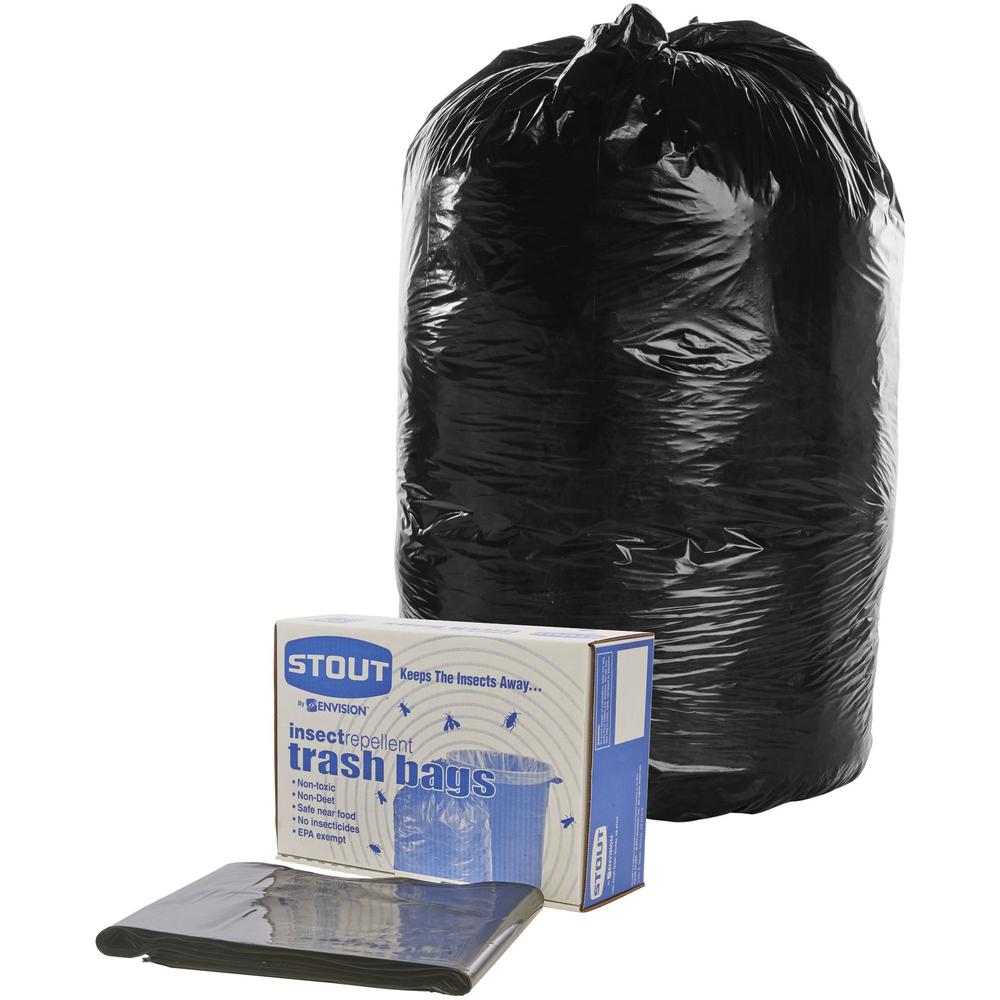 Stout Insect Repellent Trash Bags - 35 gal Capacity - 33" Width x 40" Length - 2 mil (51 Micron) Thickness - Black - Polyethylene - 80/Carton - Recycled. Picture 1