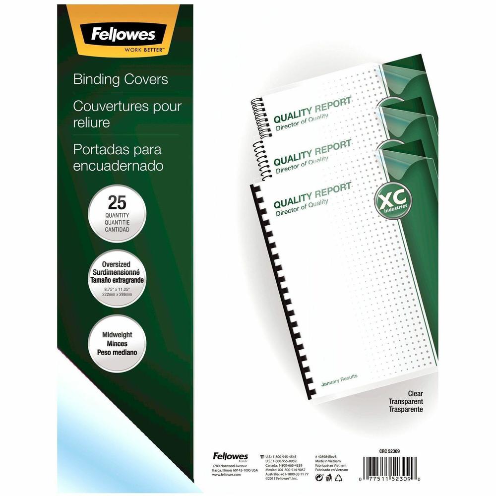 Fellowes Crystals Clear Oversize PVC Covers - 11.3" Height x 8.8" Width x 0" Depth - 8 3/4" x 11 1/4" Sheet - Rectangular - Clear - Plastic, Polyvinyl Chloride (PVC) - 25 / Pack. Picture 1