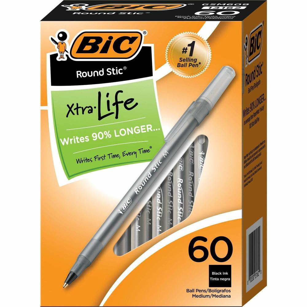 BIC Round Stic Ballpoint Pens - Medium Pen Point - Black - Black Barrel - Brass Tip - 60 / Box. The main picture.