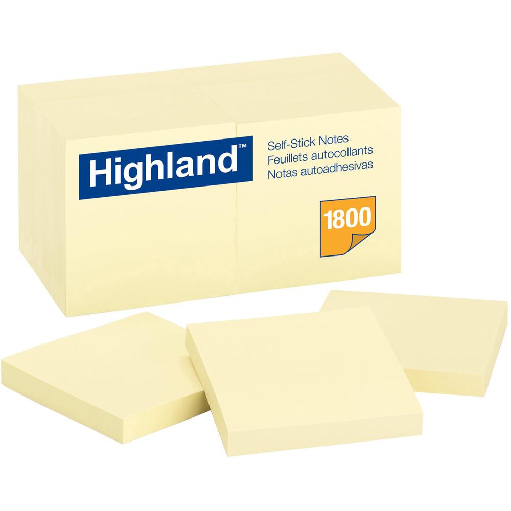 Highland Self-Sticking Notepads - 1800 - 3" x 3" - Square - 100 Sheets per Pad - Unruled - Yellow - Paper - Removable - 18 / Pack. Picture 1