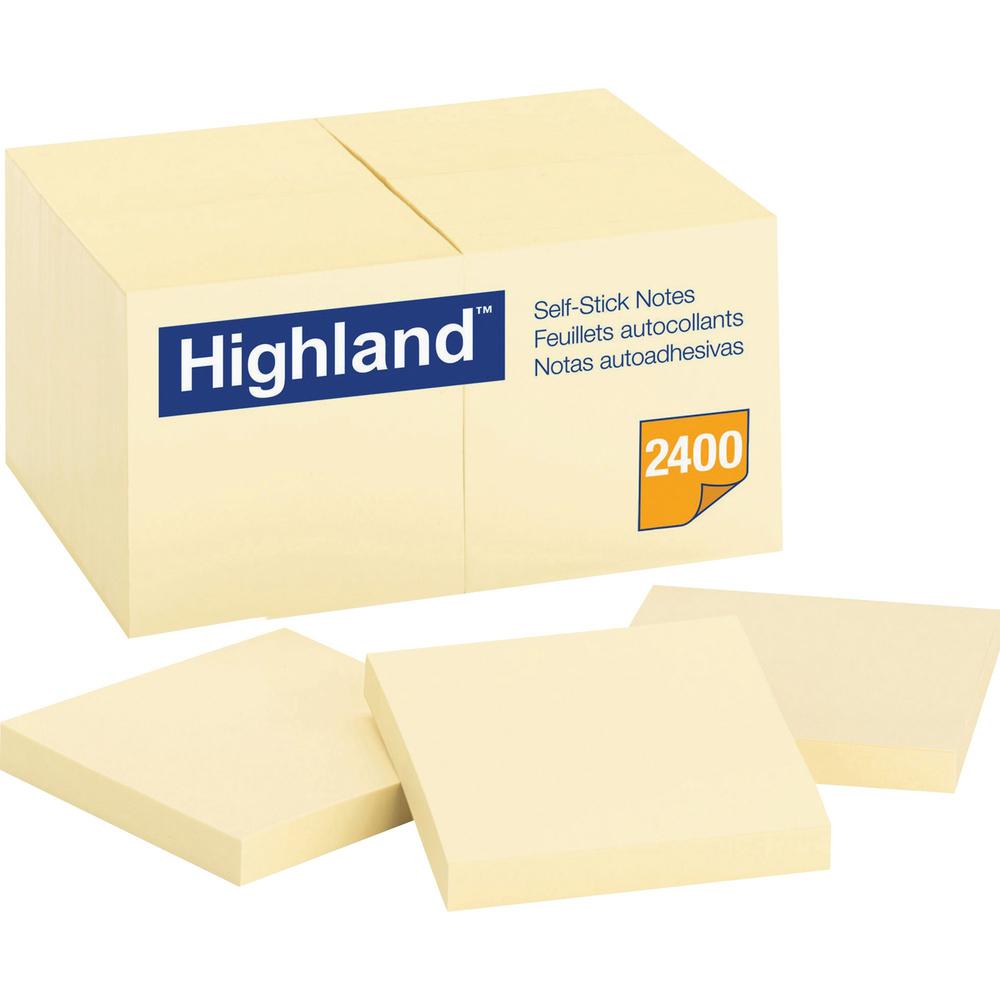 Highland Self-Sticking Notepads - 2400 - 3" x 3" - Square - 100 Sheets per Pad - Unruled - Yellow - Paper - Removable - 24 / Pack. Picture 1