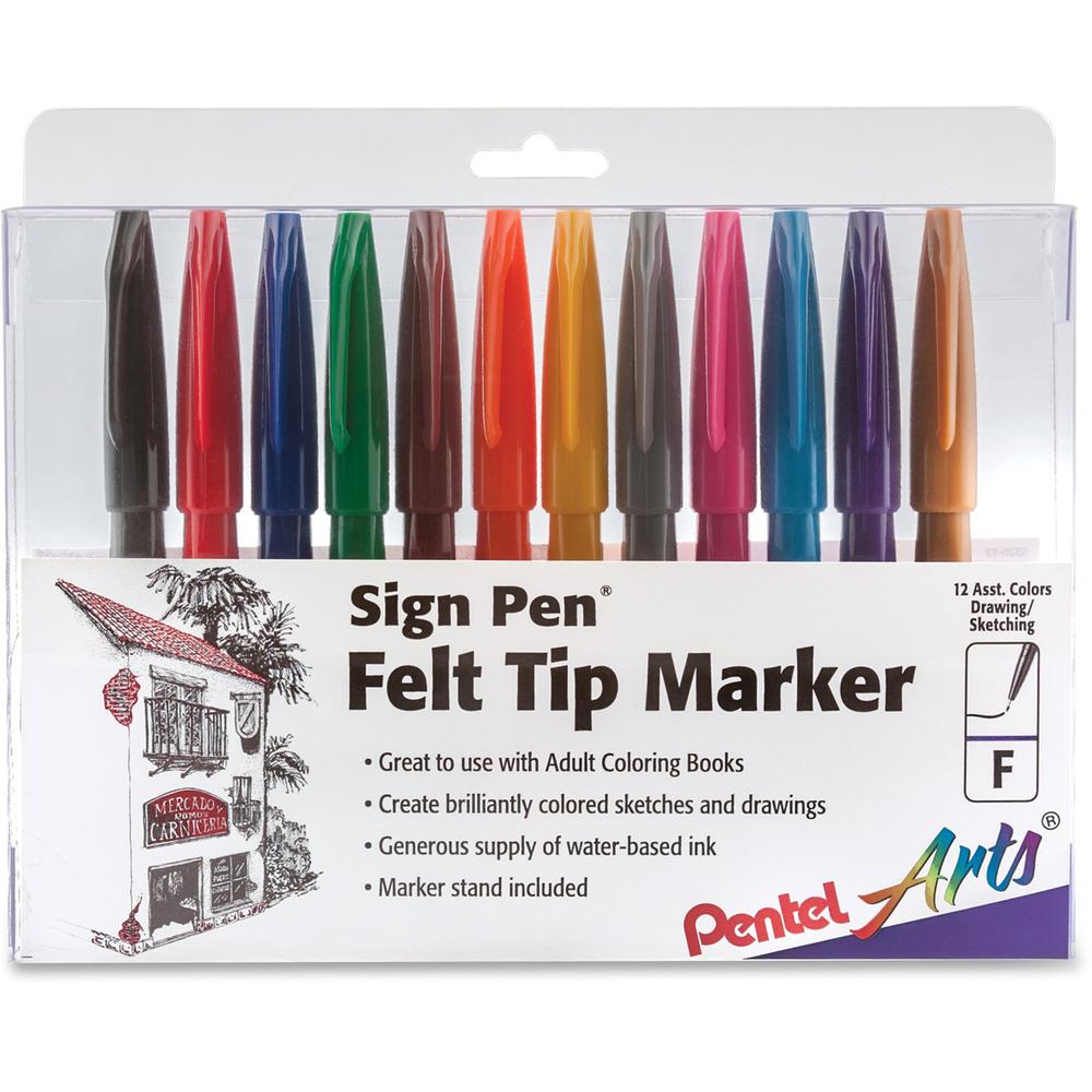 Pentel Arts Fiber-tipped Sign Pens - Bold Pen Point - Assorted Water Based Ink - Black Barrel - Fiber Tip - 12 / Pack. The main picture.