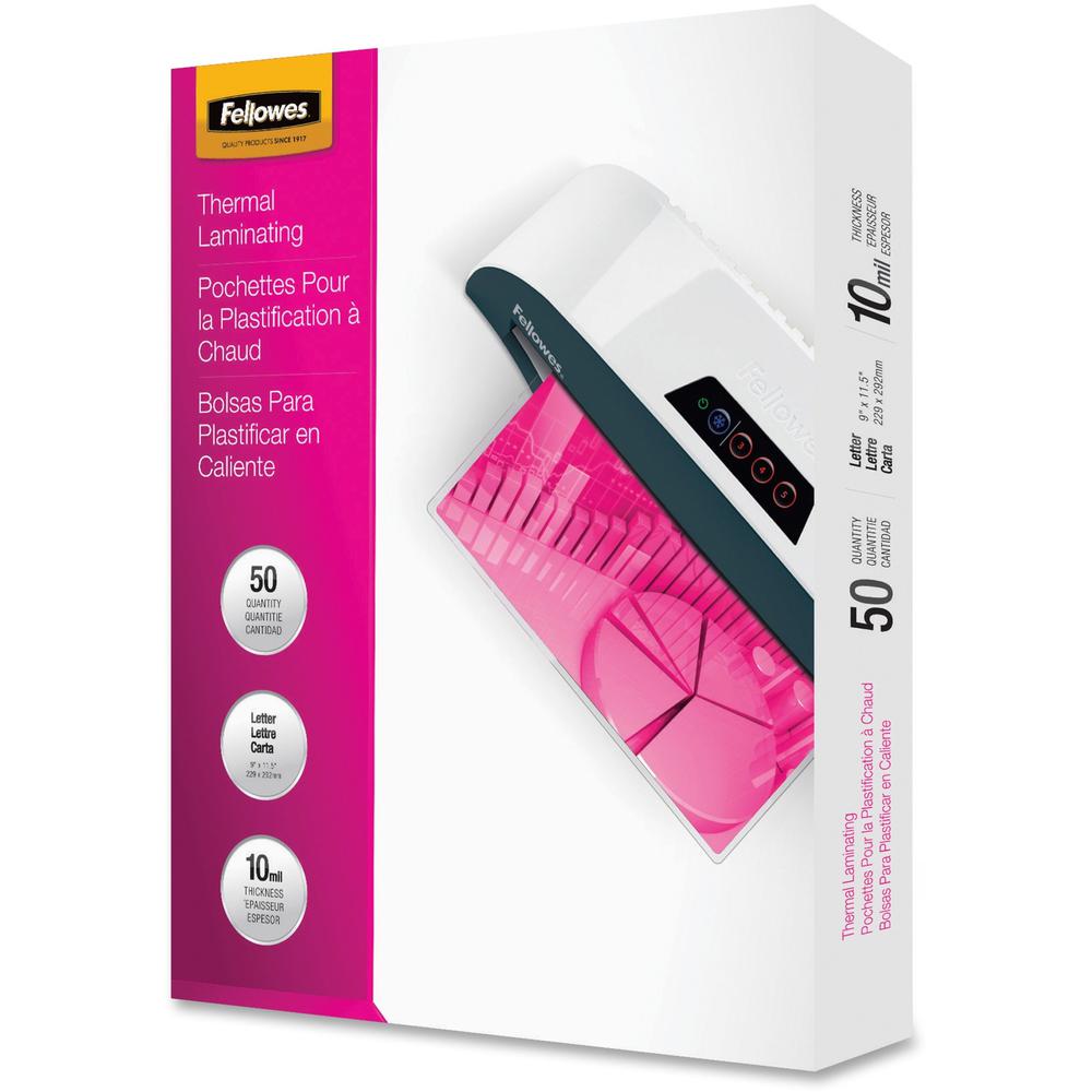 Fellowes Letter-Size Laminating Pouches - Sheet Size Supported: Letter - Laminating Pouch/Sheet Size: 9" Width x 10 mil Thickness - Type G - Glossy - for Document, Sign - Durable - Clear - 50 / Pack. Picture 1