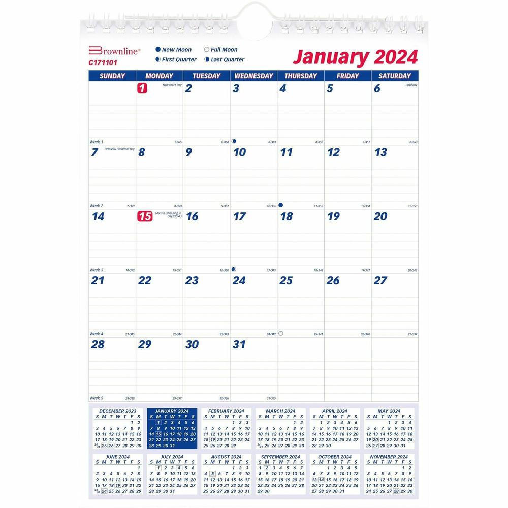 Brownline Ruled Block Wall Calendar - Professional - Julian Dates - Monthly - 1 Year - January 2024 - December 2024 - 1 Month Single Page Layout - 8" x 11" White Sheet - Twin Wire - White - Paper - 1 . Picture 1