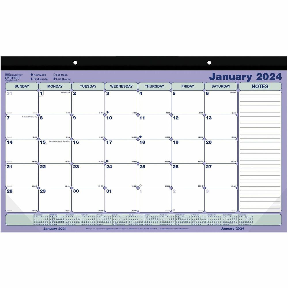 Blueline Monthly Compact Desk Pad/Wall Calendar - Monthly - 1 Year - January 2024 - December 2024 - 1 Month Single Page Layout - 17 3/4" x 10 7/8" Sheet Size - 2 x Holes - Chipboard - Desk Pad - Blue,. Picture 1