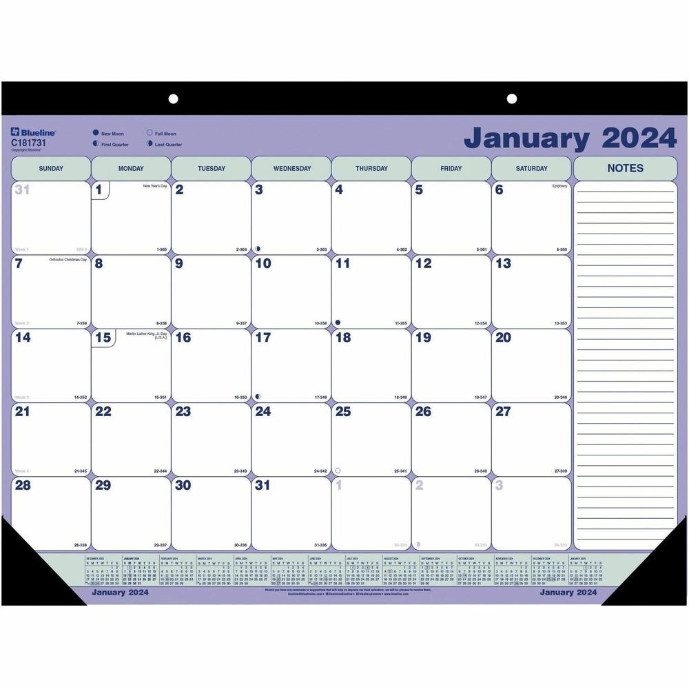 Blueline Monthly Desk/Wall Calendar 2024 - Monthly - 1 Year - January 2024 - December 2024 - 1 Month Single Page Layout - 21 1/4" x 16" Sheet Size - 2 x Holes - Desk Pad - White - Paper, Chipboard - H. Picture 1