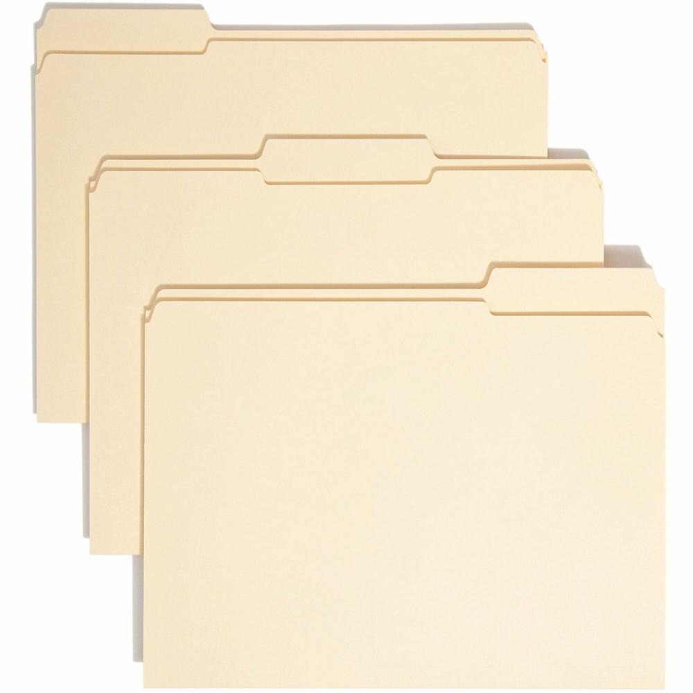 Smead 1/3 Tab Cut Letter Recycled Top Tab File Folder - 8 1/2" x 11" - Top Tab Location - Assorted Position Tab Position - Manila - Manila - 100% Recycled - 100 / Box. The main picture.