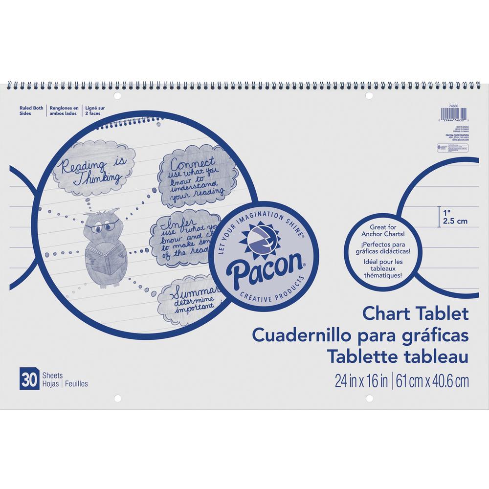 Pacon Ruled Chart Tablet - 30 Sheets - Spiral Bound - Ruled - 1" Ruled - 24" x 16" - White Paper - Stiff Cover - Sturdy Back, Recyclable, Dual Sided - 1 Each. Picture 1