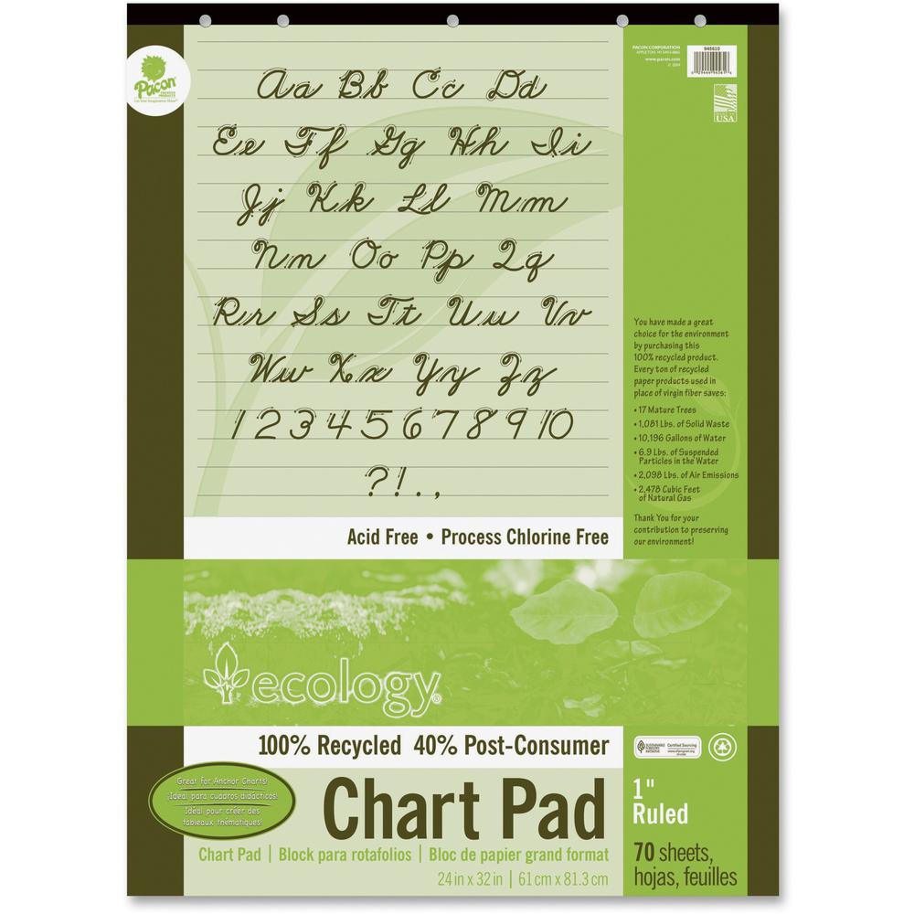 Decorol Recycled Chart Pad - 70 Sheets - Front Ruling Surface - Ruled - 1" Ruled - 24" x 32" - White Paper - Cursive Cover - Eco-friendly, Acid-free, Padded, Tab, Chipboard Backing, Hole-punched, Chlo. Picture 1
