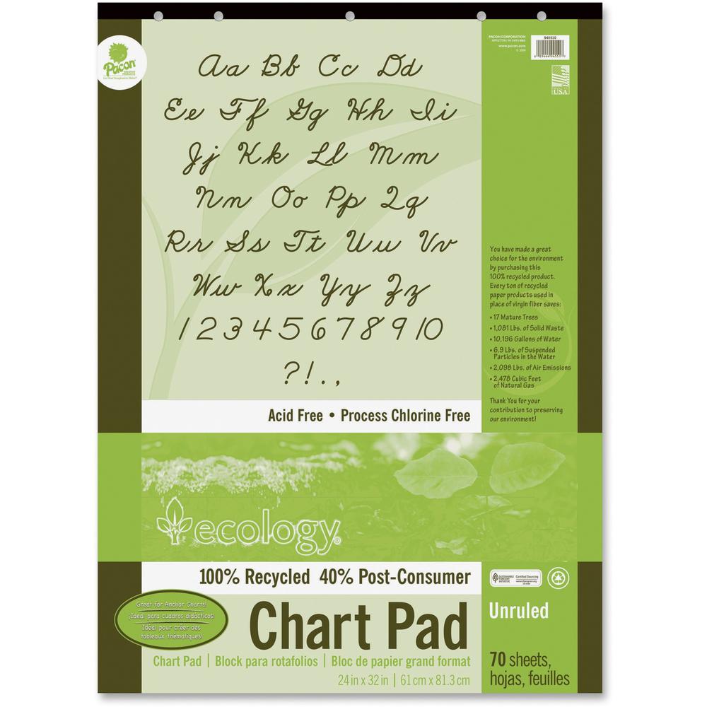 Decorol Recycled Chart Pad - 70 Sheets - Plain - Strip - Unruled - 24" x 32" - White Paper - Eco-friendly, Acid-free, Padded, Tab, Chipboard Backing, Hole-punched, Chlorine-free, Recyclable, Cursive A. Picture 1