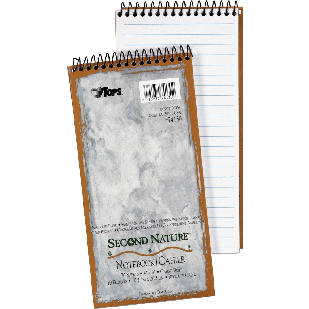 TOPS Second Nature 100% Recycled Steno Book - 70 Sheets - Coilock - Gregg Ruled Margin - 4" x 8" - White Paper - Subject - Recycled - 1 Each. Picture 1