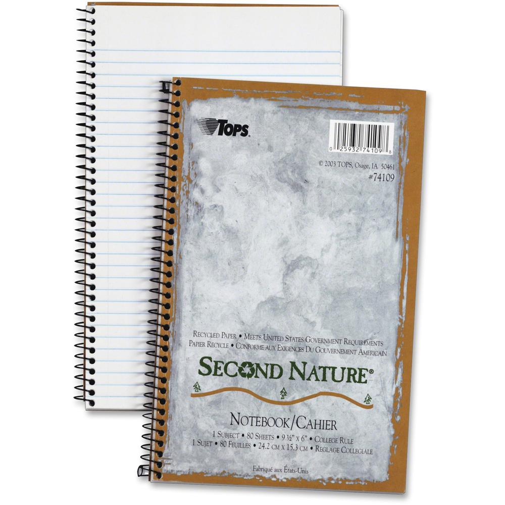 TOPS College-ruled Second Nature Notebook - 80 Sheets - Coilock - 15 lb Basis Weight - 6" x 9 1/2" - 0.23" x 6" x 9.5" - White Paper - Light Blue Cover - Perforated, Acid-free, Snag Resistant, Easy Te. Picture 1
