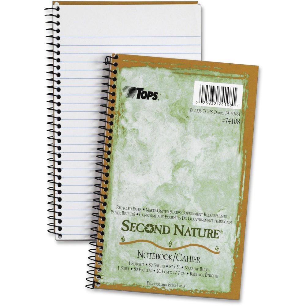 Tops Second Nature 1-Subject Notebook - 80 Sheets - Wire Bound - 15 lb Basis Weight - 8" x 5" - White Paper - Green Cover - Perforated - Recycled - 1 Each. Picture 1
