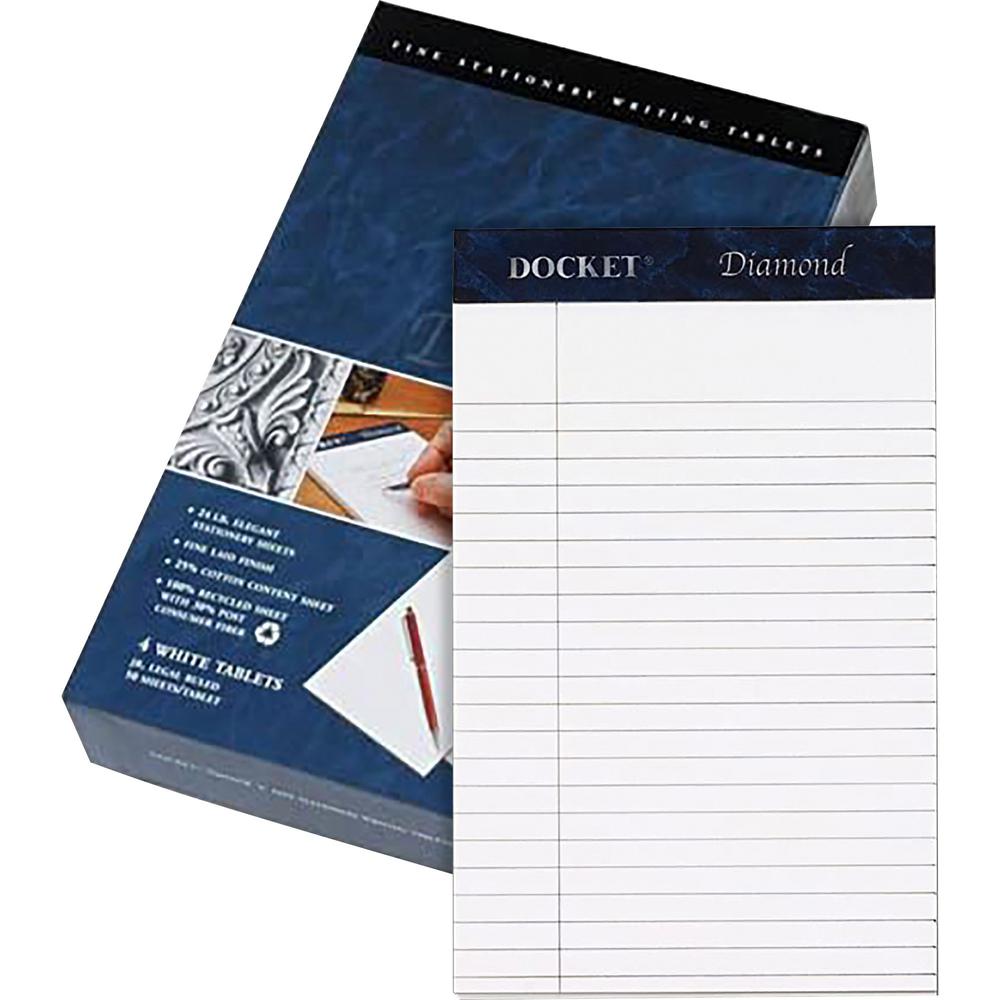 TOPS Docket Diamond Writing Tablet - Jr.Legal - 50 Sheets - Double Stitched - 24 lb Basis Weight - Jr.Legal - 5" x 8" - 8" x 5" - White Paper - Perforated, Rigid, Acid-free - 4 / Box. Picture 1