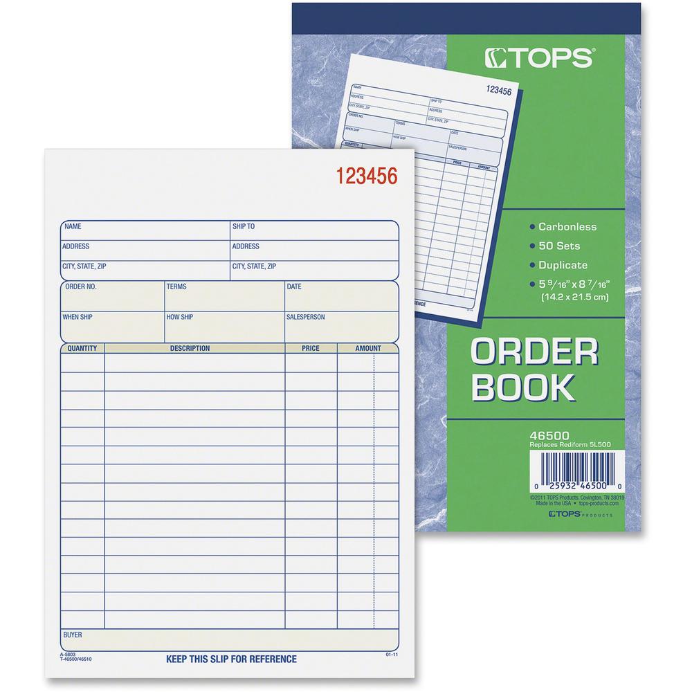 TOPS 2-part Carbonless Sales Order Book - 50 Sheet(s) - 15 lb - 2 PartCarbonless Copy - 5.56" x 7.94" Form Size - White, Canary - Blue Print Color - 1 Each. Picture 1