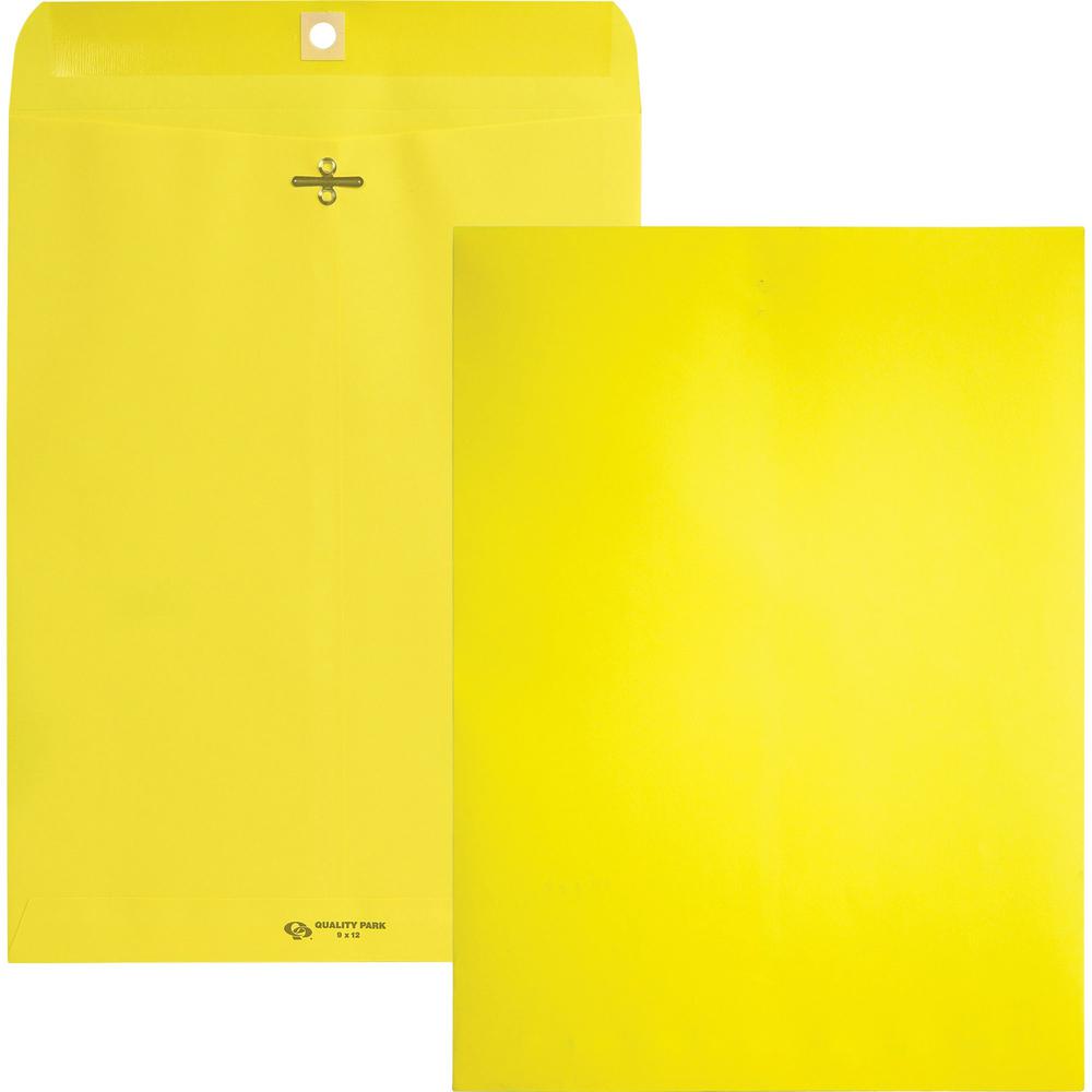 Quality Park 9 x 12 Clasp Envelopes with Deeply Gummed Flaps - Clasp - #90 - 9" Width x 12" Length - 28 lb - Gummed - 10 / Pack - Yellow. Picture 1