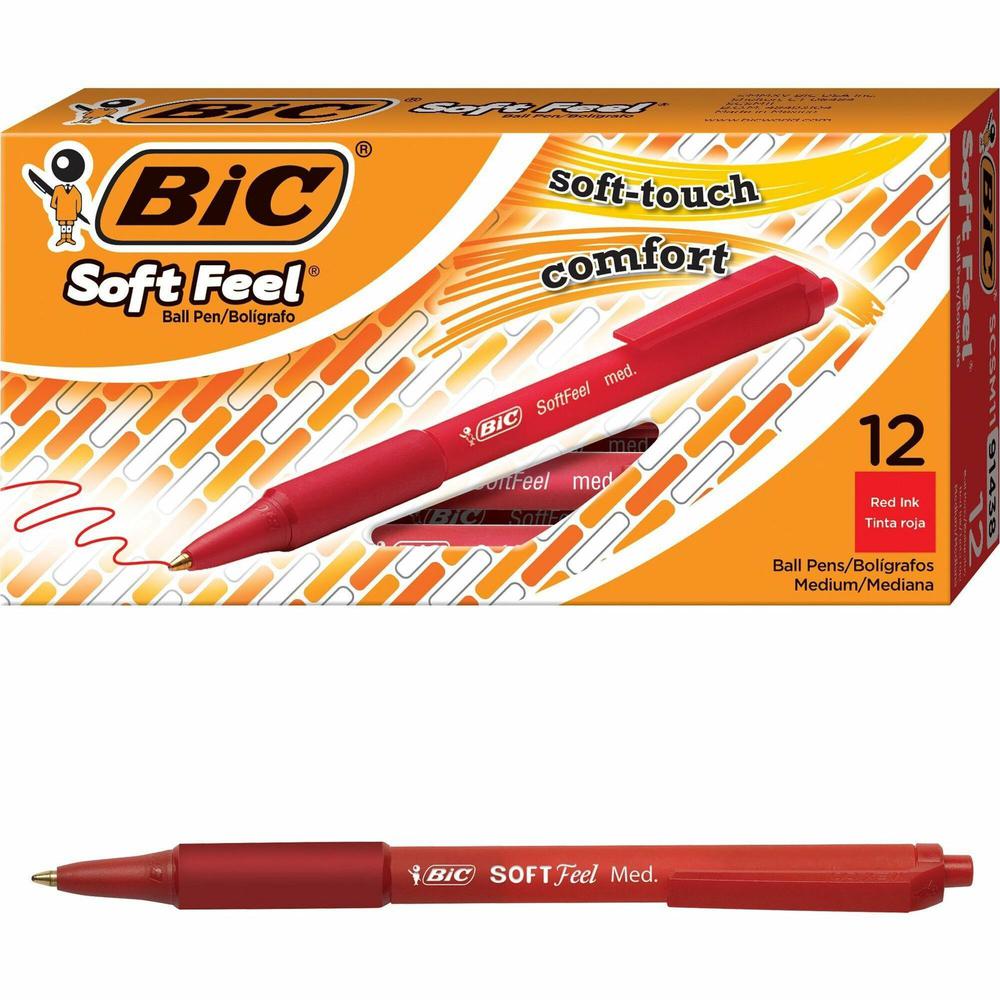 BIC SoftFeel Retractable Ball Pens - Medium Pen Point - 0.8 mm Pen Point Size - Retractable - Red - Red Rubber Barrel - 1 Dozen. Picture 1