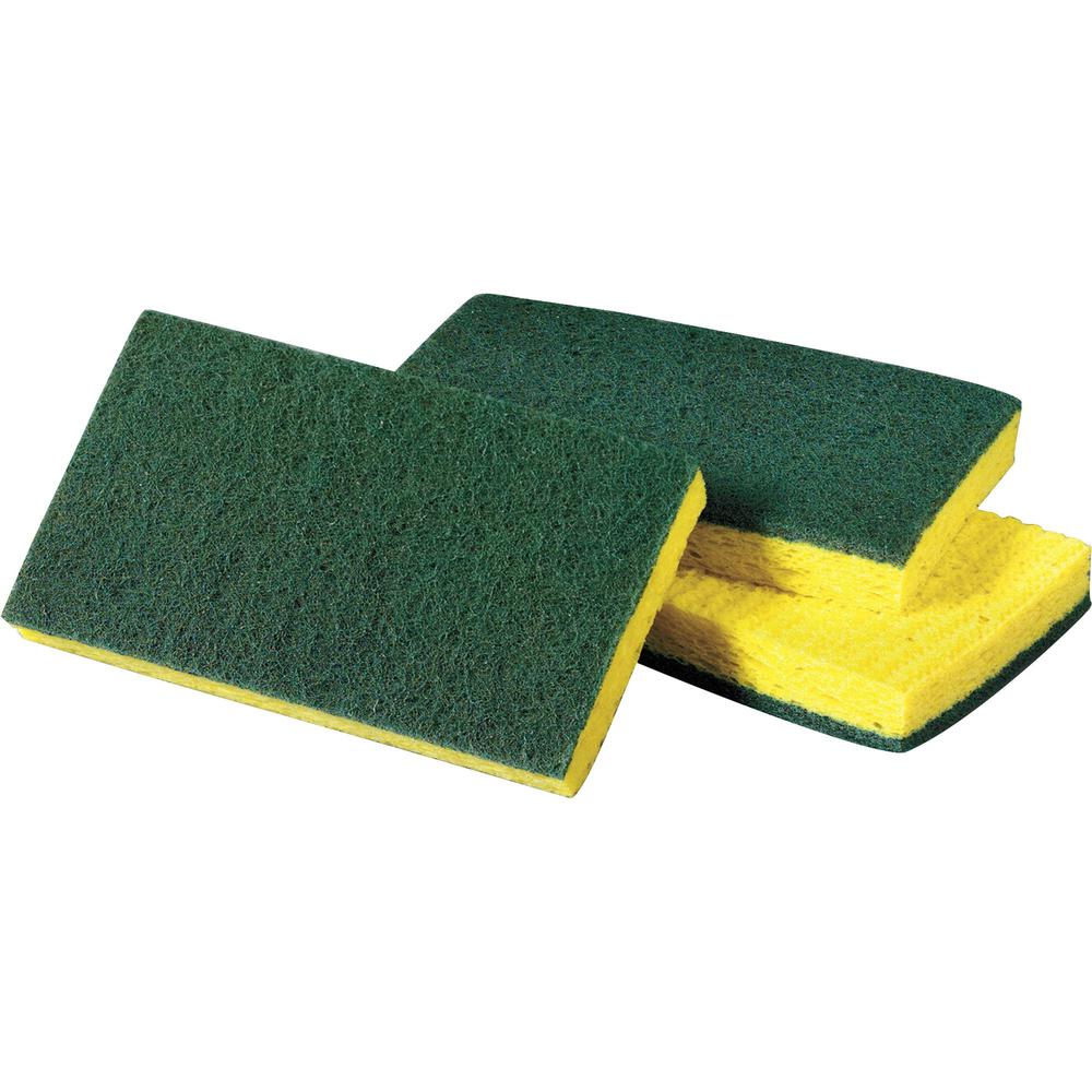 Scotch-Brite Medium-Duty Scrub Sponges - 3.5" Height x 6.3" Width x 6.1" Length x 700 mil Thickness - 10/Pack - Cellulose, Synthetic Fiber - Yellow, Green. Picture 1