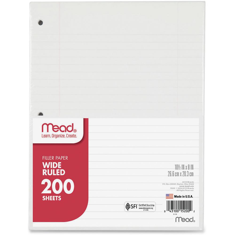 Mead 3-Hole Punched Wide-ruled Filler Paper - 200 Sheets - Ruled Red Margin - 8" x 10 1/2" - White Paper - 1 / Pack. The main picture.