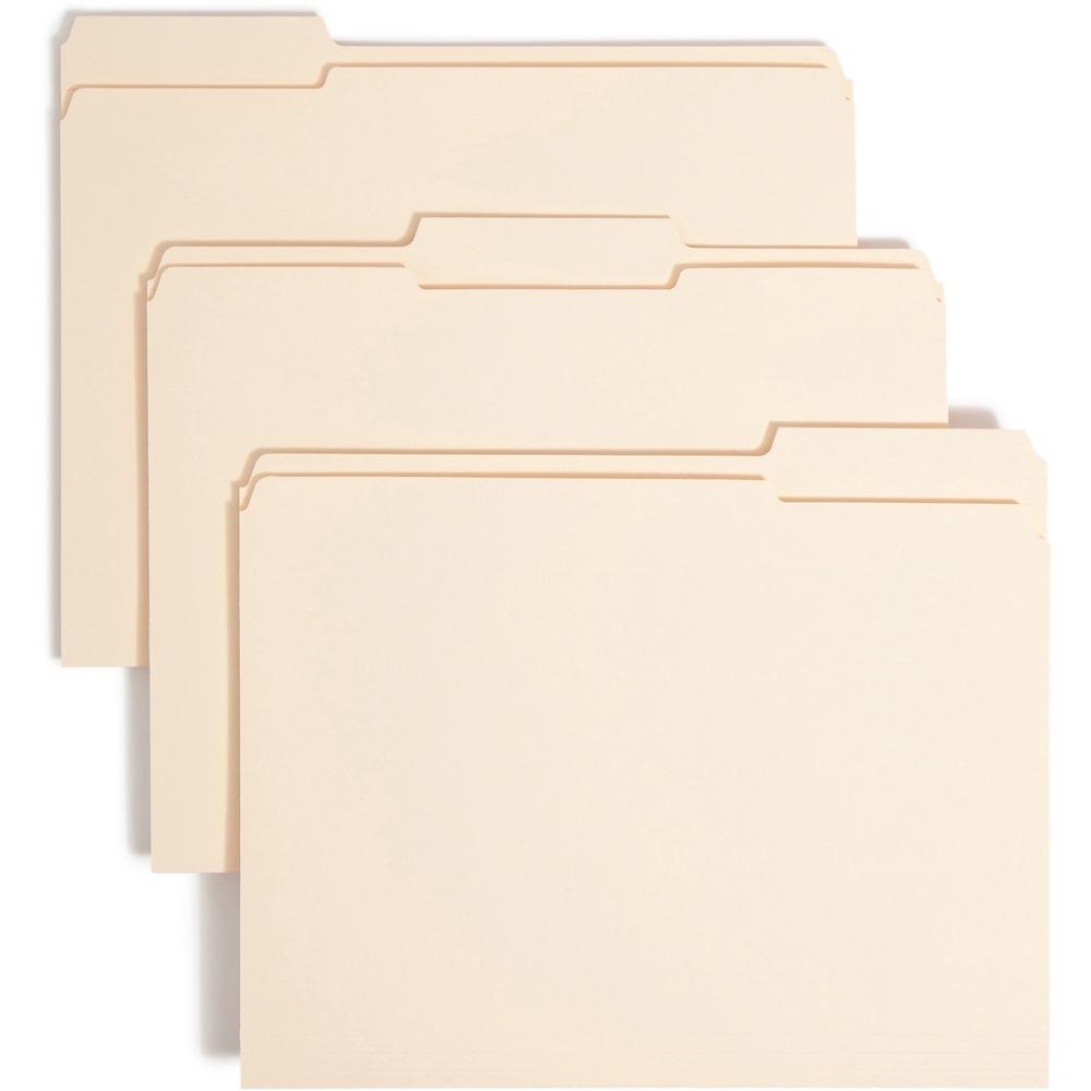 Smead 1/3 Tab Cut Letter Recycled Top Tab File Folder - 8 1/2" x 11" - Top Tab Location - Assorted Position Tab Position - Manila - Manila - 10% Recycled - 100 / Box. Picture 1
