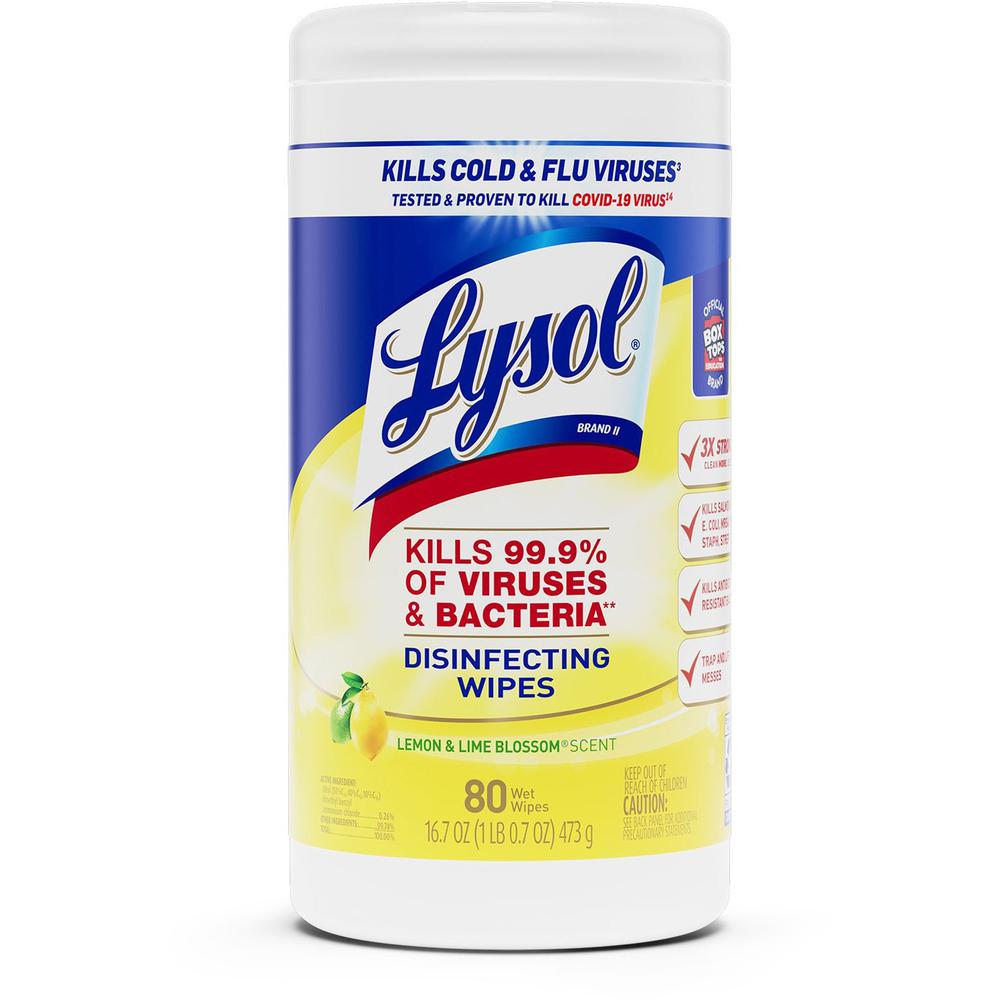 Lysol Disinfecting Wipes - Ready-To-Use - Lemon, Lime Blossom Scent - 7" Length x 7.25" Width - 80 / Tub - 1 Each - Deodorize, Pre-moistened - White. Picture 1