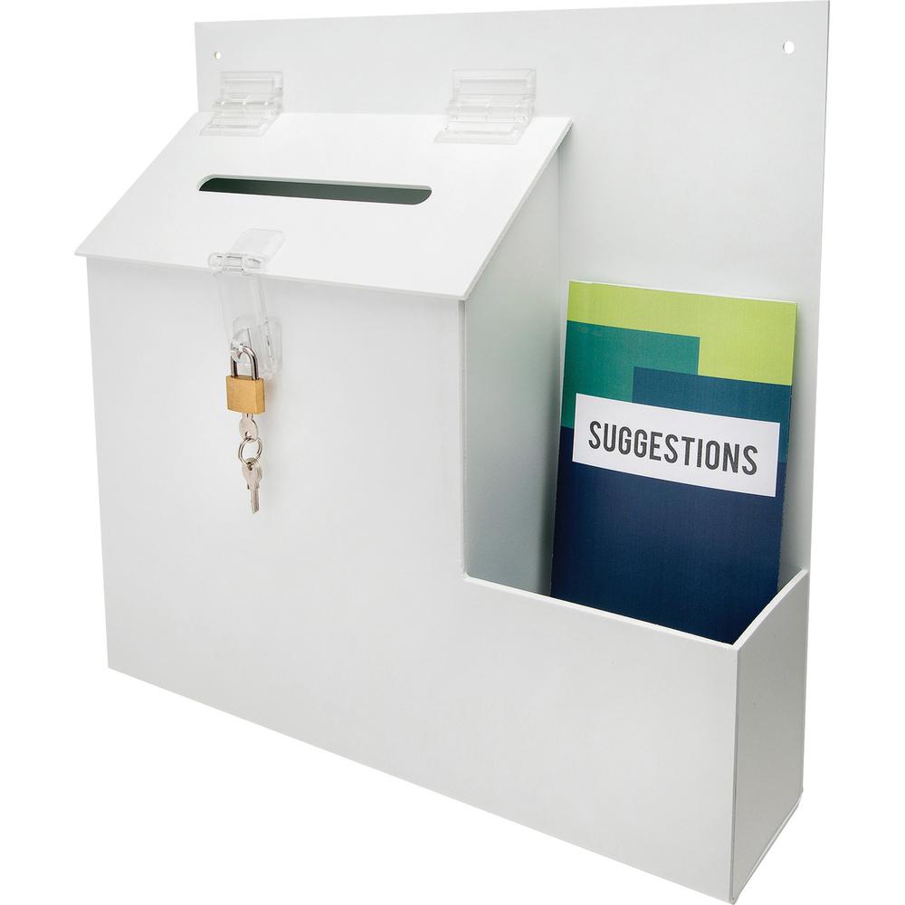 Deflecto Suggestion Box - External Dimensions: 13.8" Width x 3.6" Depth x 13" Height - Key Lock Closure - Plastic - White - For Suggestion Card - 1 Each. Picture 1