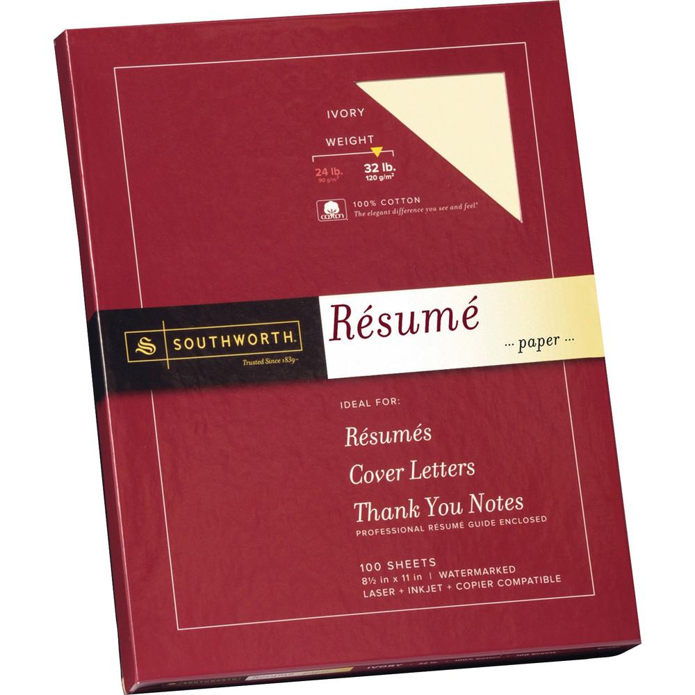Southworth 100% Cotton Resume Paper - Letter - 8 1/2" x 11" - 32 lb Basis Weight - Wove - 1 / Box - Acid-free, Watermarked - Ivory. Picture 1