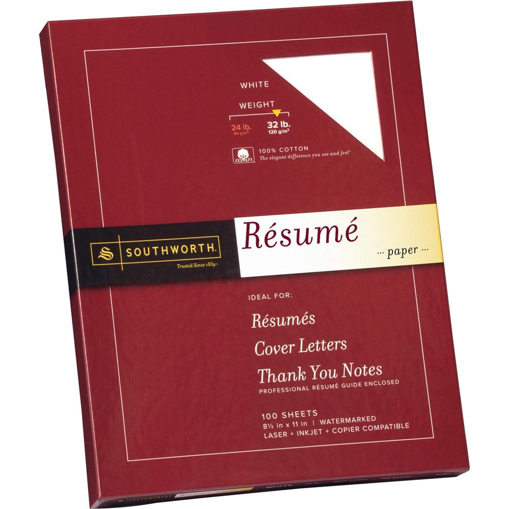 Southworth 100% Cotton Resume Paper - Letter - 8 1/2" x 11" - 32 lb Basis Weight - Wove - 100 / Box - Acid-free, Watermarked - White. Picture 1