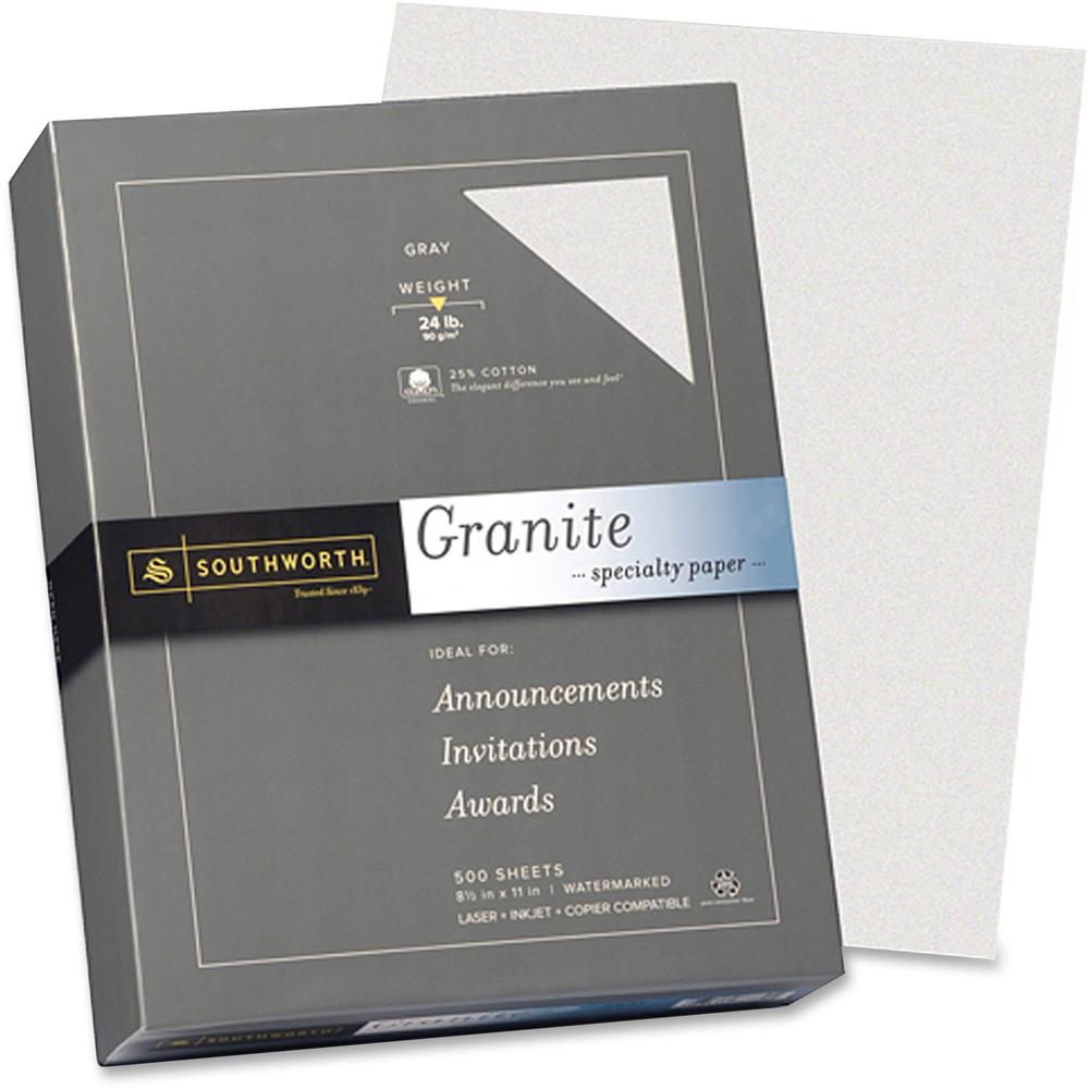 Southworth Granite Specialty Paper - Gray - Letter - 8 1/2" x 11" - 24 lb Basis Weight - Granite - 500 / Box - Acid-free, Lignin-free - Gray. Picture 1