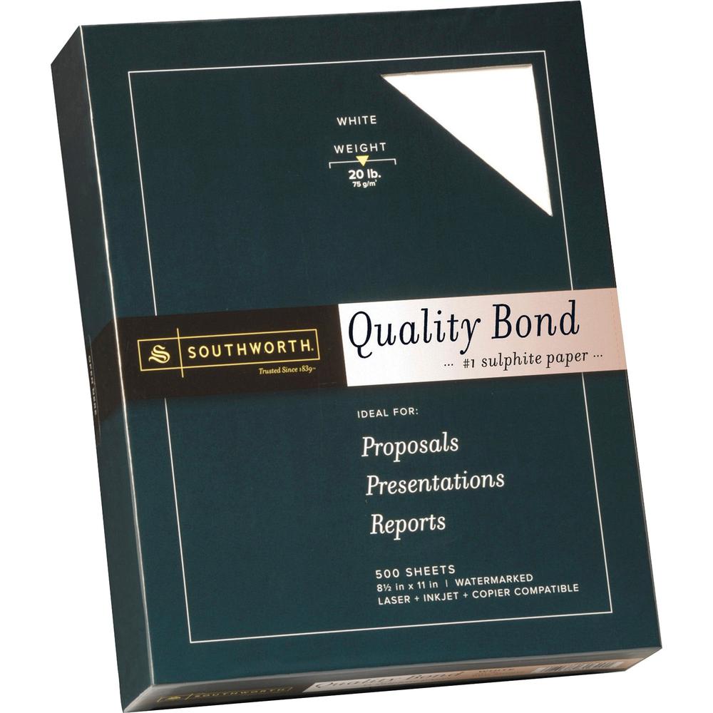 Southworth Quality Bond Paper - White - Letter - 8 1/2" x 11" - 20 lb Basis Weight - Wove - 500 / Ream - Watermarked, Acid-free, Date-coded - White. Picture 1