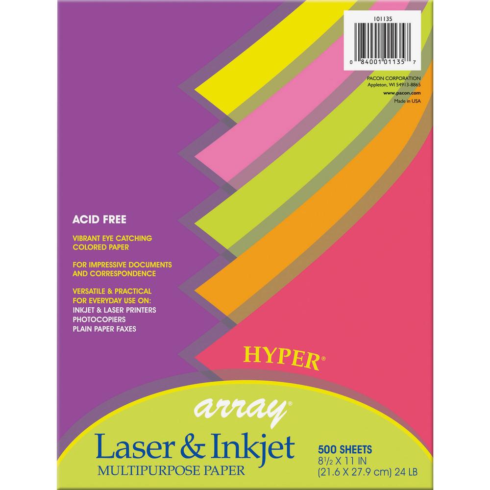 Pacon Laser, Inkjet Bond Paper - Assorted - Recycled - 10% Recycled Content - Letter - 8.50" x 11" - 24 lb Basis Weight - 500 Sheets/Pack - Bond Paper - 5 Assorted Hyper Colors. Picture 1