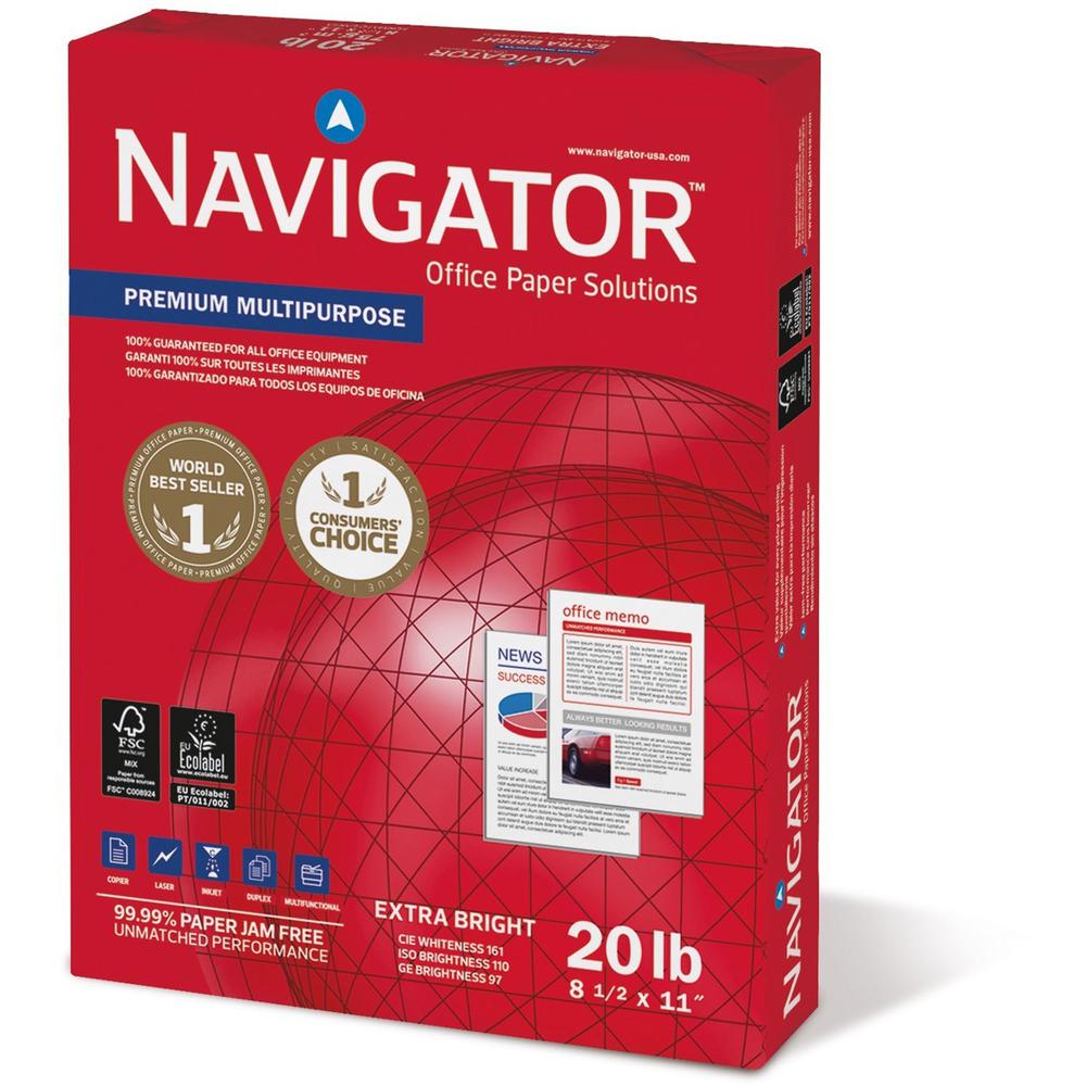 Navigator Premium Multipurpose Trusted Performance Paper - Extra Opacity - White - 97 Brightness - Letter - 8 1/2" x 11" - 20 lb Basis Weight - 5000 / Carton - White. The main picture.