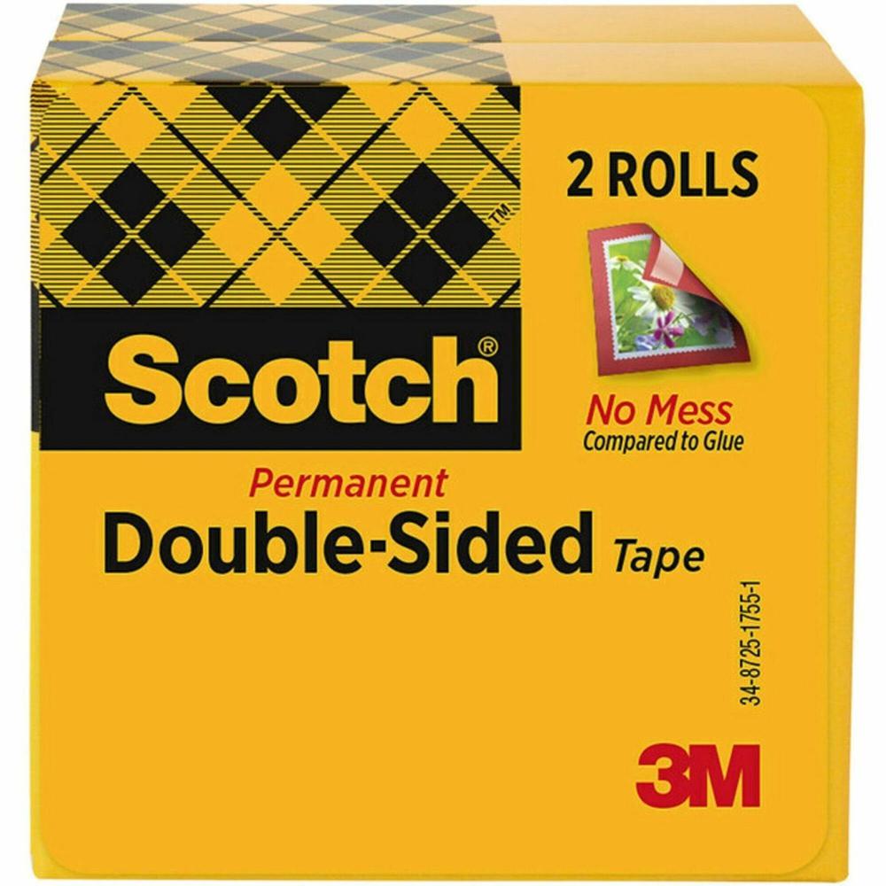 Scotch Permanent Double-Sided Tape - 1/2"W - 25 yd Length x 0.50" Width - 1" Core - Acrylate - 3 mil - Permanent Adhesive Backing - Long Lasting - For Attaching, Mounting - 2 / Pack - Clear. Picture 1