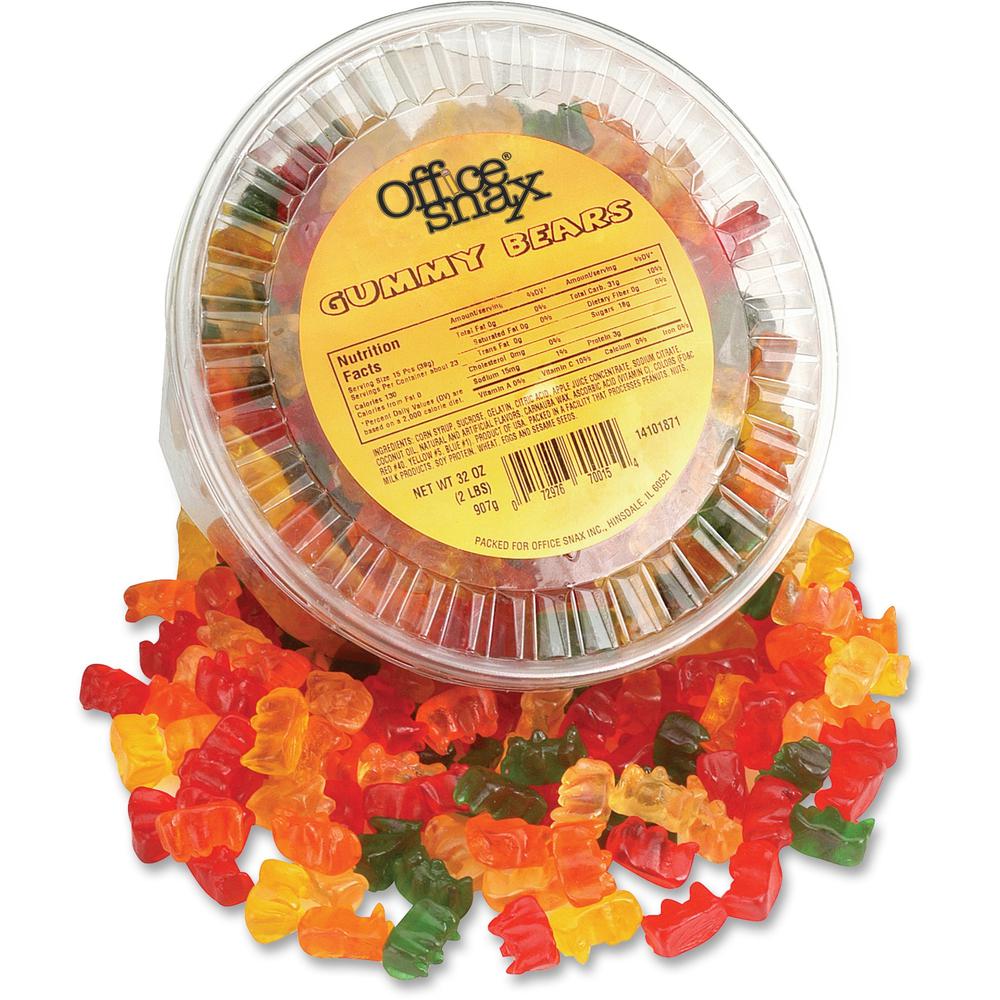 Office Snax Tub of Gummy Bears Candy - Assorted - Resealable Container - 2 lb - 1 Each Per Canister. Picture 1