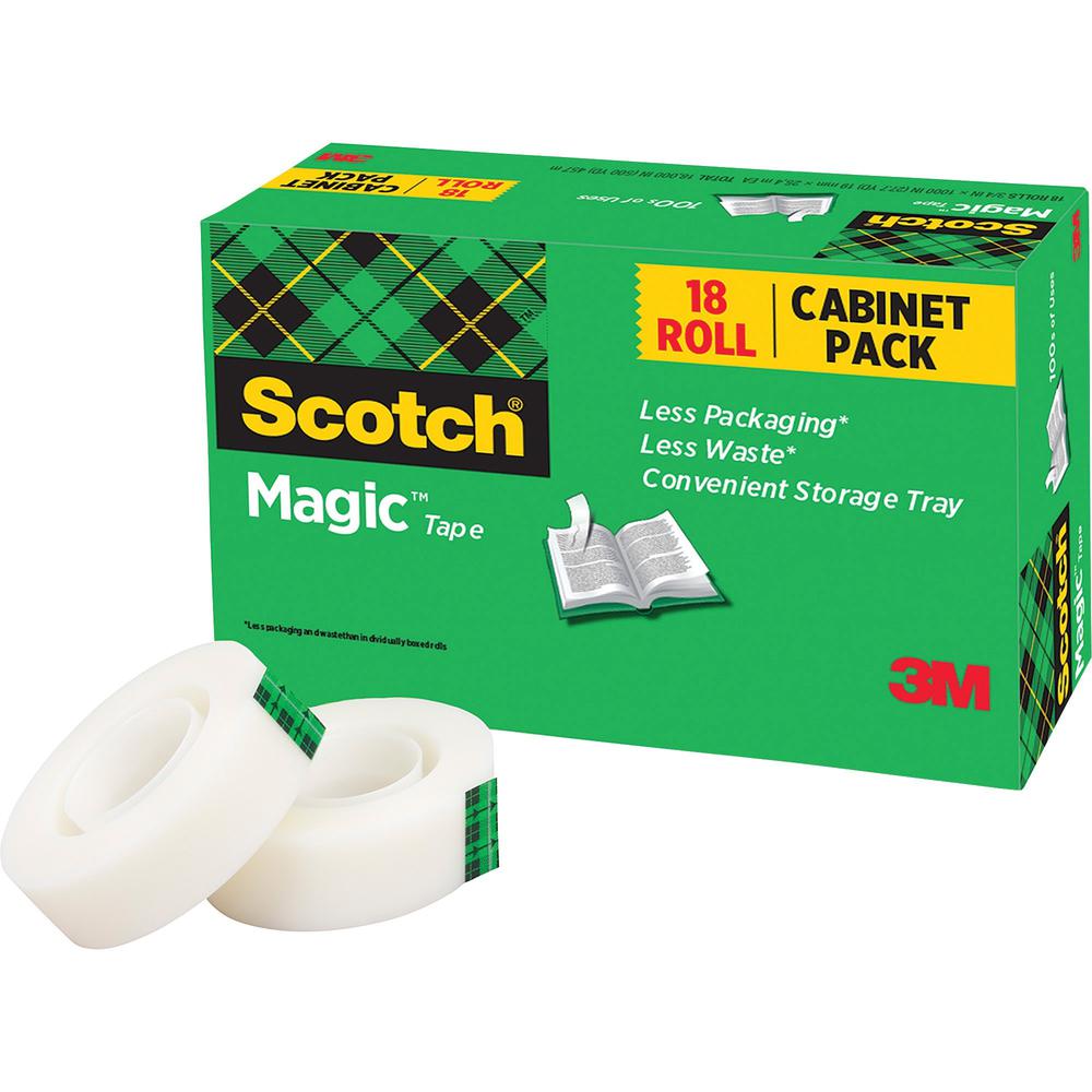 Scotch 3/4"W Magic Tape - 27.78 yd Length x 0.75" Width - 1" Core - Rubber - For Packing - 18 / Pack - Matte - Clear. Picture 1