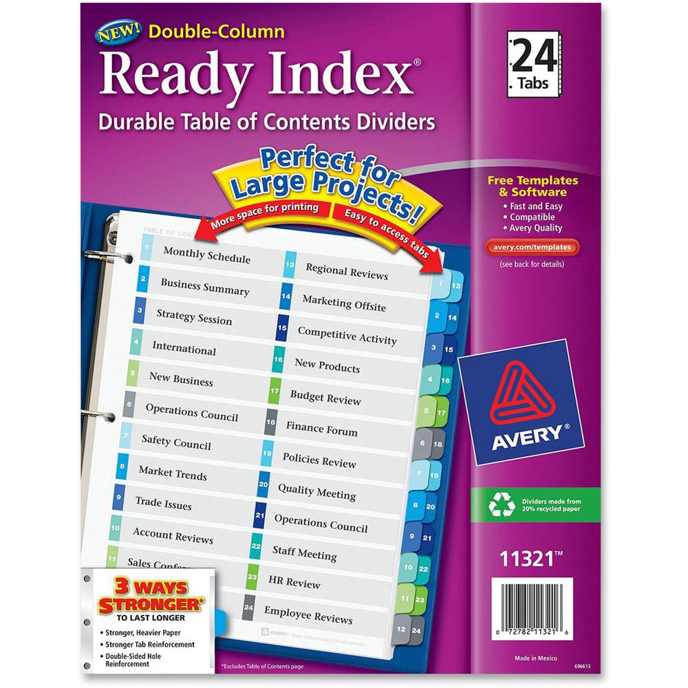 Avery&reg; Two-Column Table Contents Dividers w/Tabs - 24 x Divider(s) - 1-24 - 24 Tab(s)/Set - 8.5" Divider Width x 11" Divider Length - 3 Hole Punched - White Paper Divider - Multicolor Paper Tab(s). The main picture.