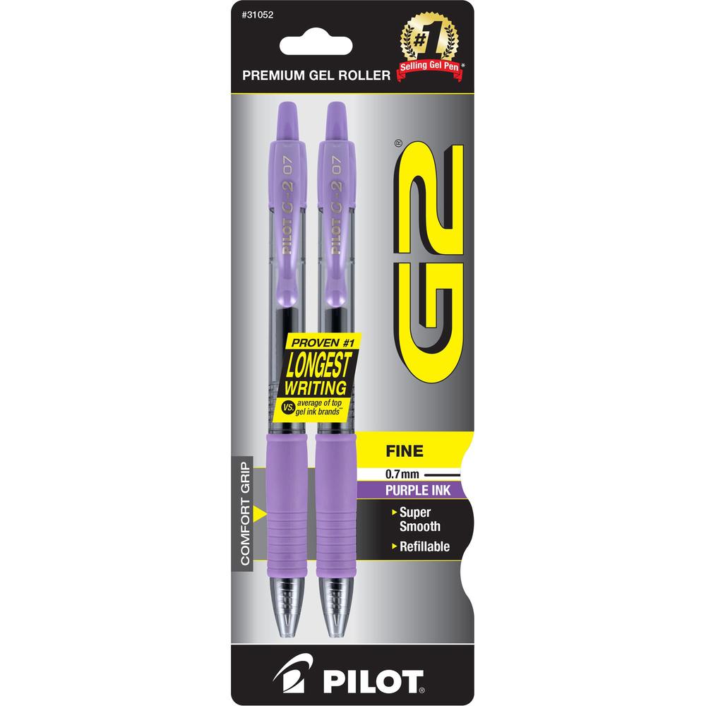 Pilot G2 Retractable Gel Ink Rollerball Pens - Fine Pen Point - 0.7 mm Pen Point Size - Refillable - Retractable - Purple Gel-based Ink - 2 / Pack. The main picture.