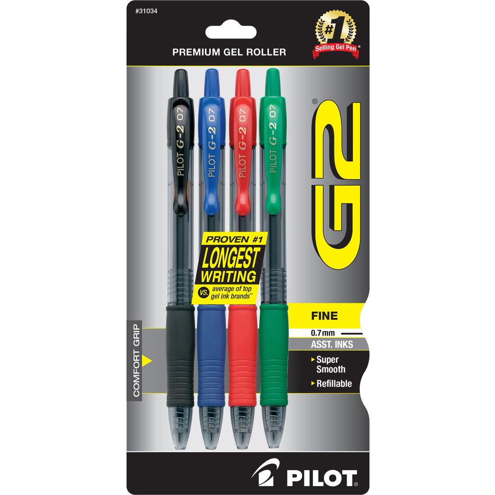 Pilot G2 Retractable Gel Ink Rollerball Pens - Fine Pen Point - 0.7 mm Pen Point Size - Refillable - Retractable - Assorted Gel-based Ink - 4 / Pack. The main picture.