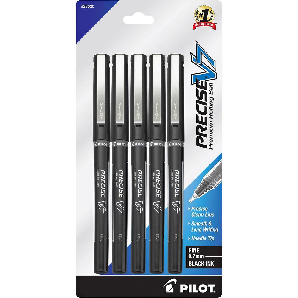 Pilot Precise V7 Fine Premium Capped Rolling Ball Pens - Fine Pen Point - 0.7 mm Pen Point Size - Black - Black Barrel - 5 / Pack. Picture 1