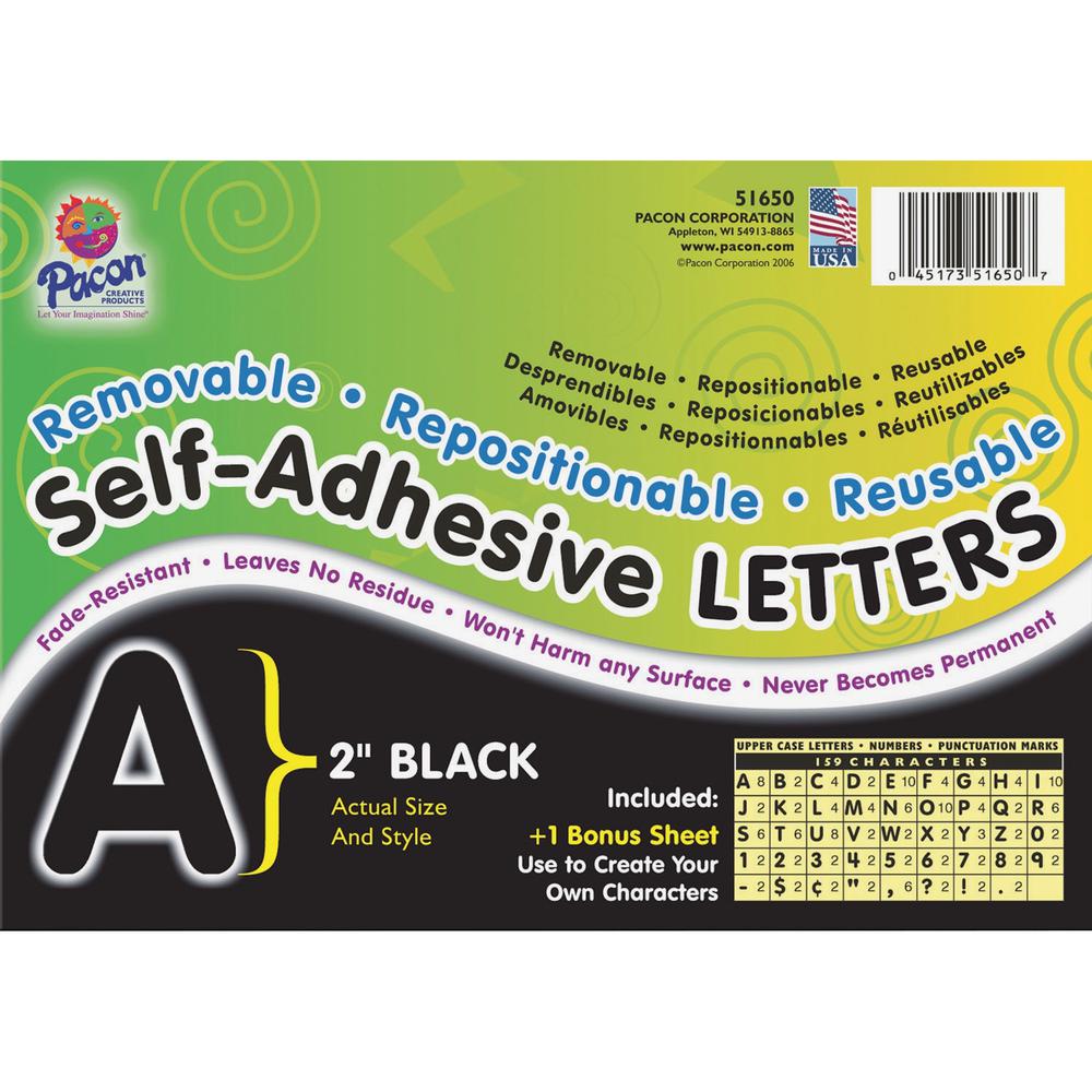 Pacon Reusable Self-Adhesive Letters - (Uppercase Letters, Number, Punctuation Marks) Shape - Self-adhesive - Acid-free, Fadeless - 2" Length - Puffy Font - Black - 159 / Pack. The main picture.
