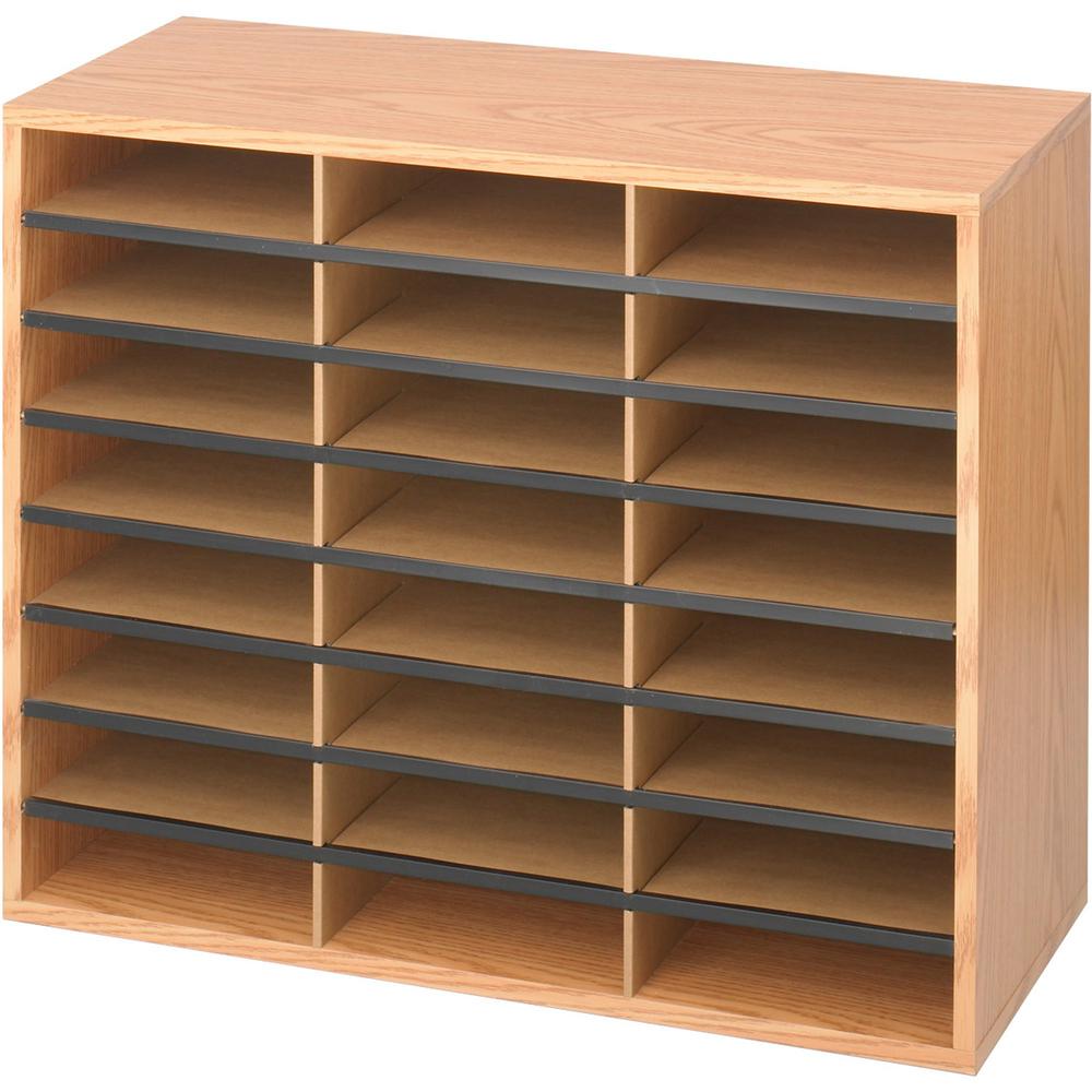 Safco Laminte Literature Organizer - 24 Compartment(s) - Compartment Size 2.50" x 9" x 11.75" - 23.5" Height x 29" Width x 12" Depth - Floor - Medium Oak - Particleboard - 1 Each. The main picture.