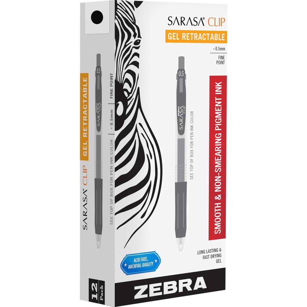 Zebra Pen Sarasa Clip Gel Retractable Black Pens - 0.5 mm Pen Point Size - Black - 1 Dozen. Picture 1