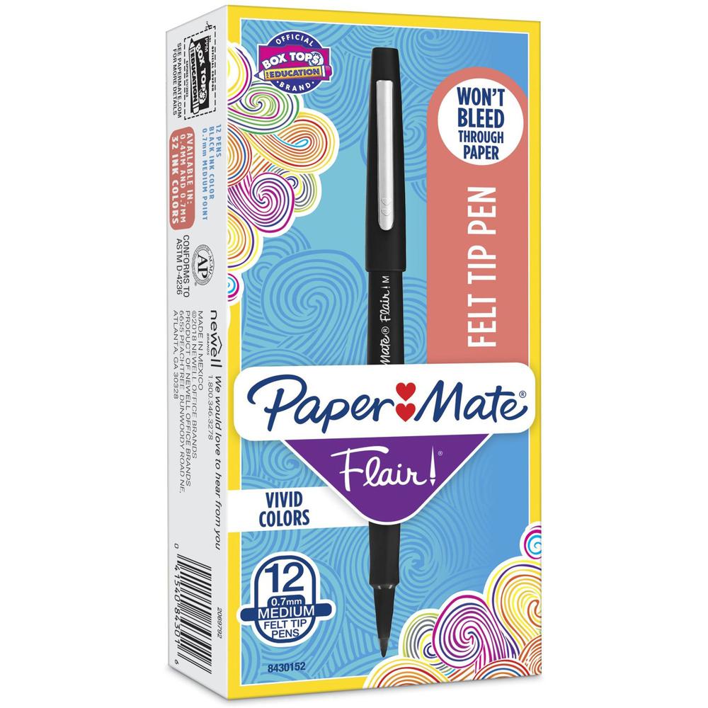 Paper Mate Flair Point Guard Felt Tip Marker Pens - Medium Pen Point - Black Water Based Ink - Black Barrel - 1 Dozen. The main picture.