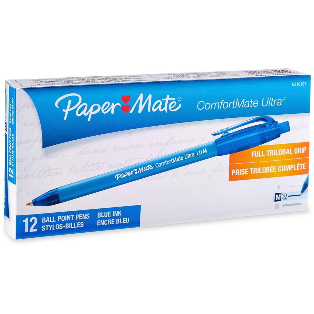 Paper Mate Comfort Mate Retractable Pens - Medium Pen Point - Retractable - Blue - Rubber Barrel - 1 Dozen. Picture 1