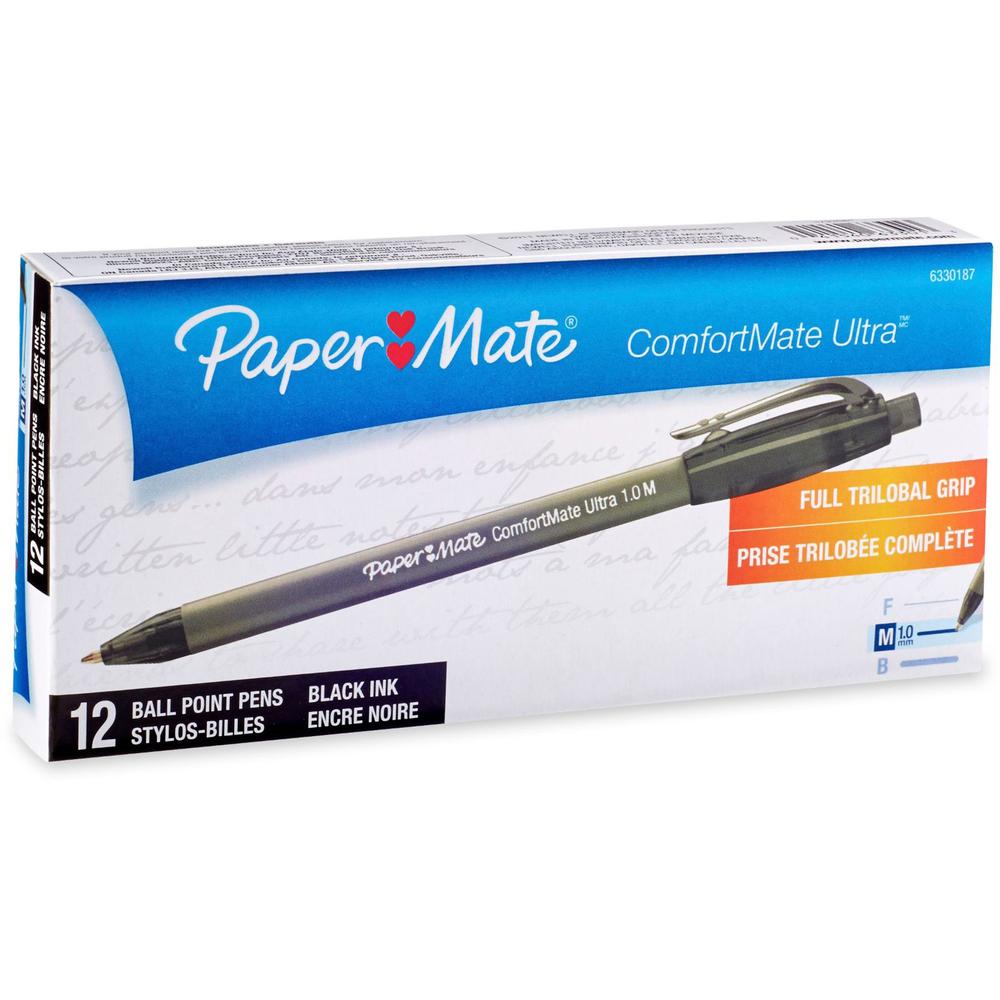 Paper Mate Comfort Mate Retractable Pens - Medium Pen Point - Retractable - Black - Black Rubber Barrel - 1 Dozen. Picture 1