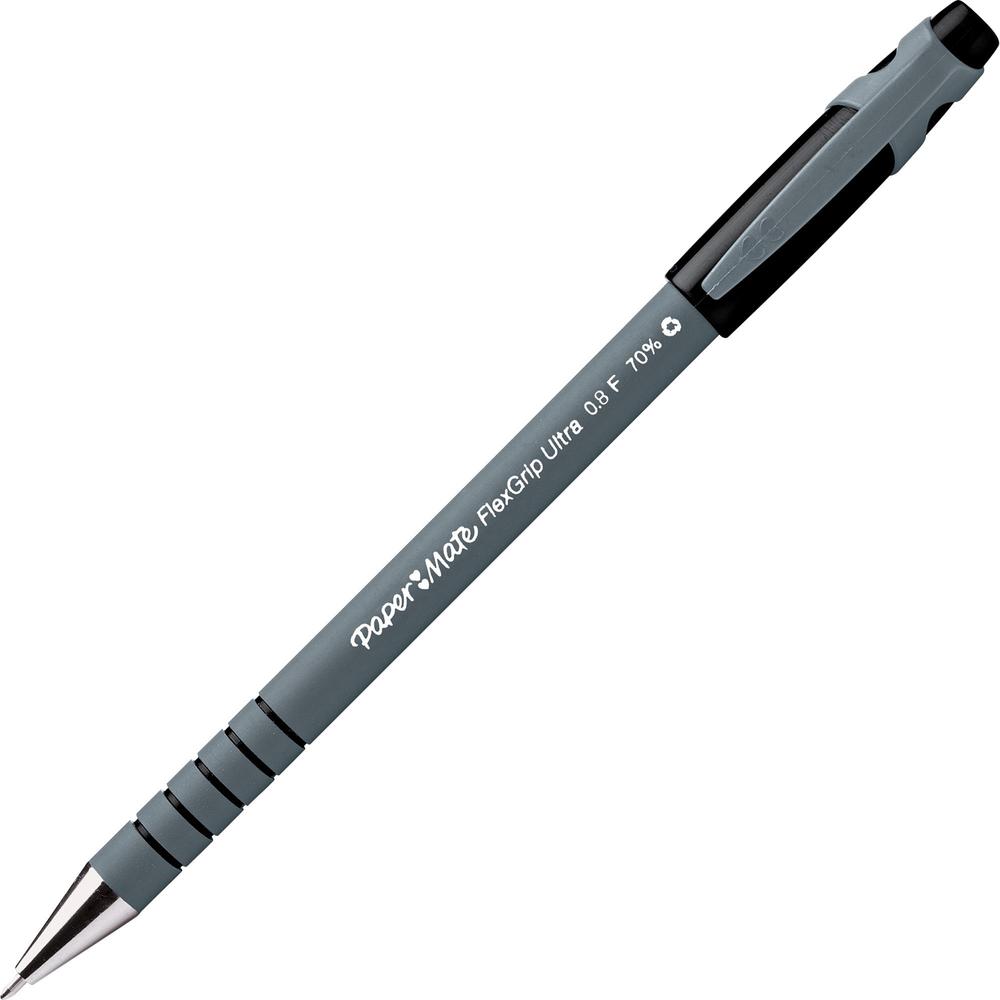 Paper Mate Flexgrip Ultra Recycled Pens - Fine Pen Point - Black - Black Rubber Barrel - 1 Dozen. Picture 1