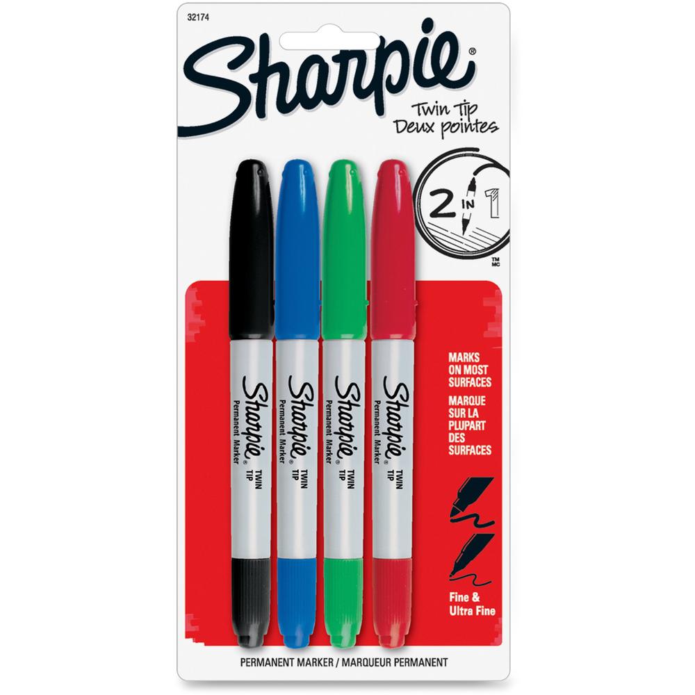 Sharpie Twin Tip Permant Maker - Ultra Fine, Fine Marker Point - 1 mm, 0.3 mm Marker Point Size - Black, Red, Blue, Green Alcohol Based Ink - 4 / Set. Picture 1