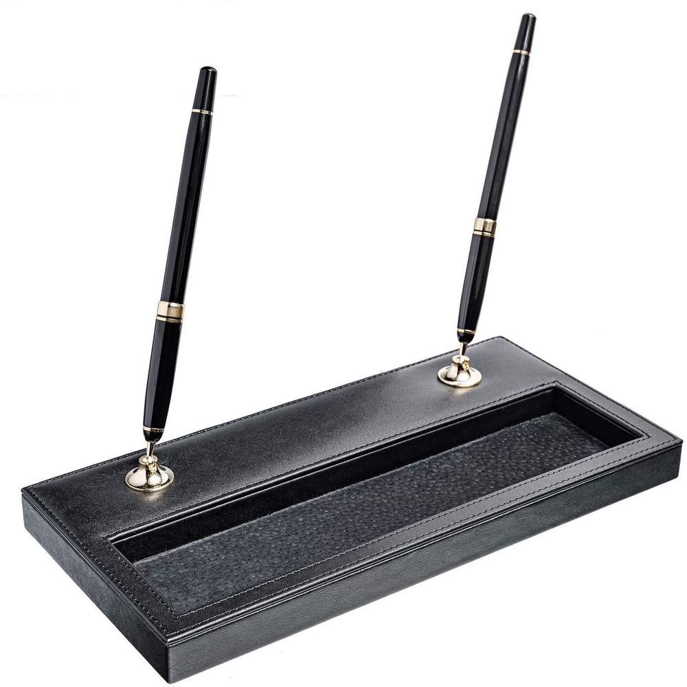 Dacasso Double Pen Stand with Gold Accent - 1" x 11.12" - Leather - Black. The main picture.