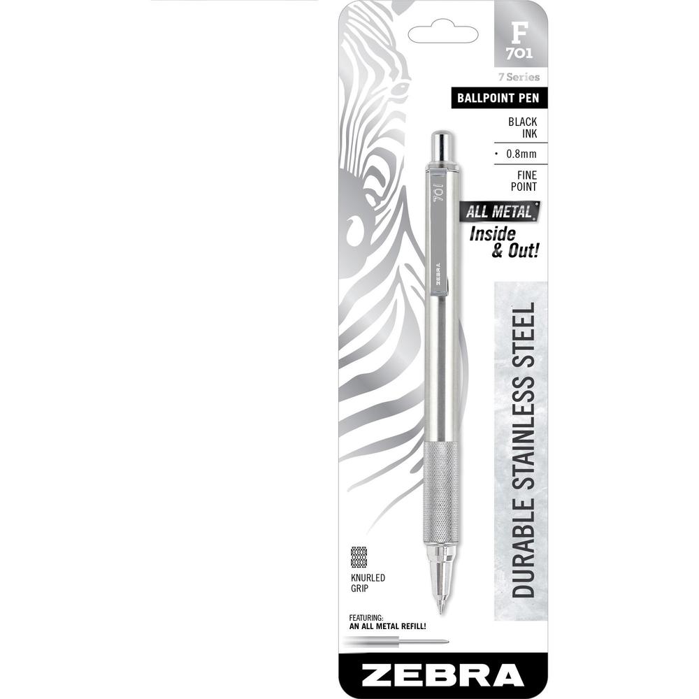 Zebra 7 Series F-701 Retractable Ballpoint Pen - Fine Pen Point - 0.7 mm Pen Point Size - Refillable - Retractable - Black - Stainless Steel Barrel - 1 Each. Picture 1