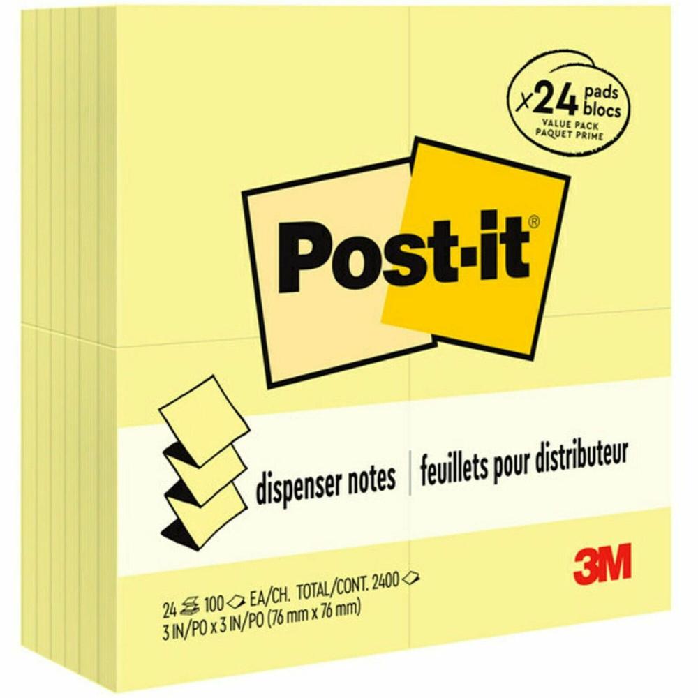 Post-it&reg; Dispenser Notes Value Pack - 2400 - 3" x 3" - Square - 100 Sheets per Pad - Unruled - Canary Yellow - Paper - Self-adhesive, Repositionable - 24 / Pack. Picture 1